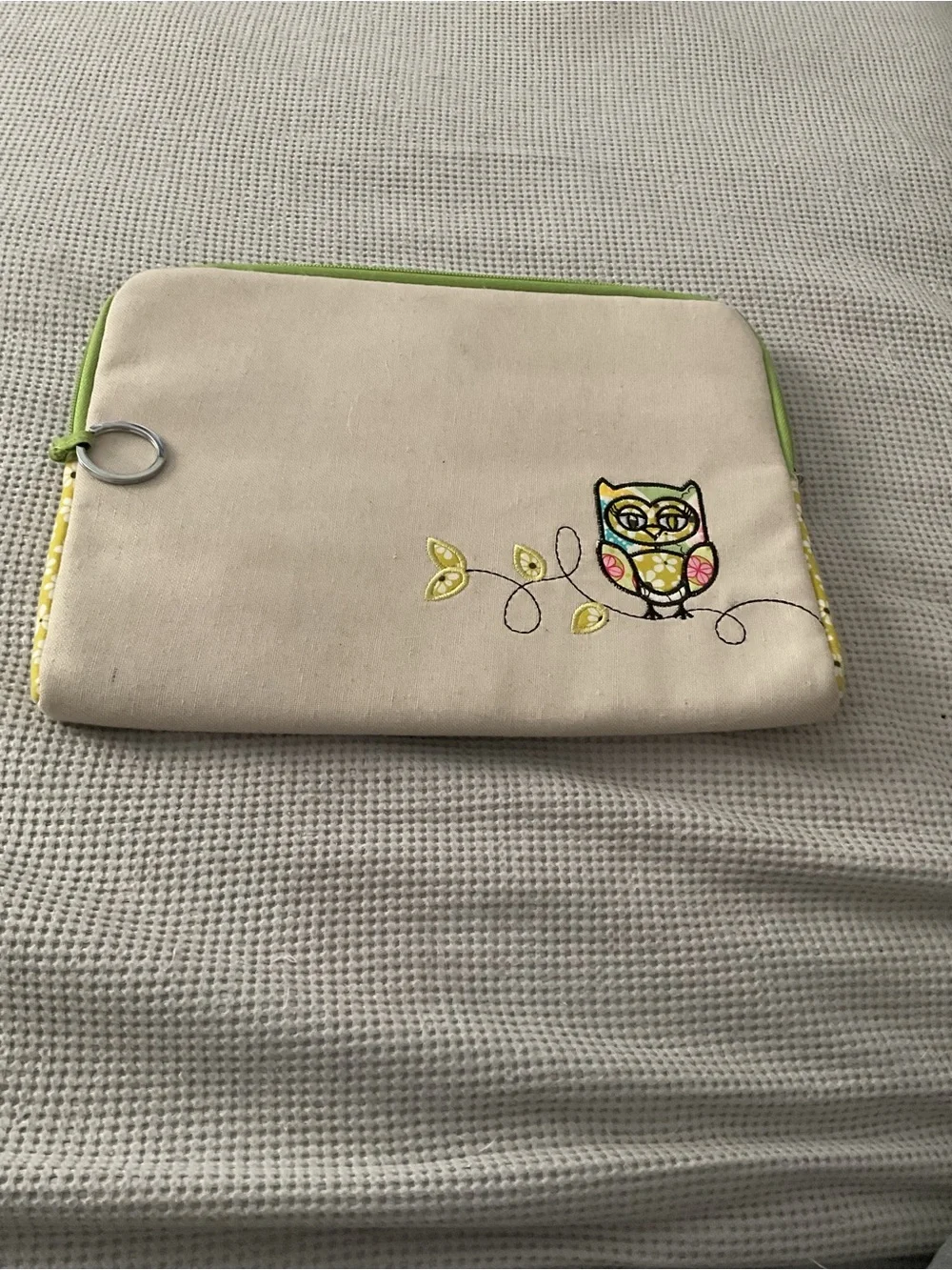 Whimsical Owl Canvas Laptop Pouch in Cream and Green